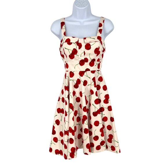 IXIA Cherry Print Sleeveless Fit and Flare Dress White Red Size Small - Picture 1 of 11